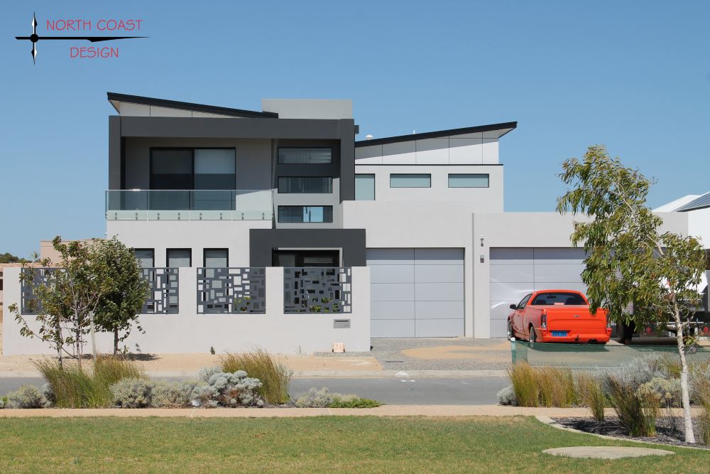 two-storey custom canal house design in Perth, Mandurah Canals. Split butterfly roof design with grey and black render
